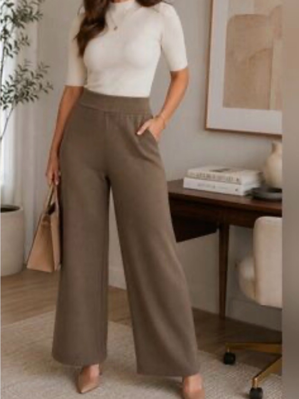 Sioni Brown Wide-Leg pull on Sweatpants no pockets